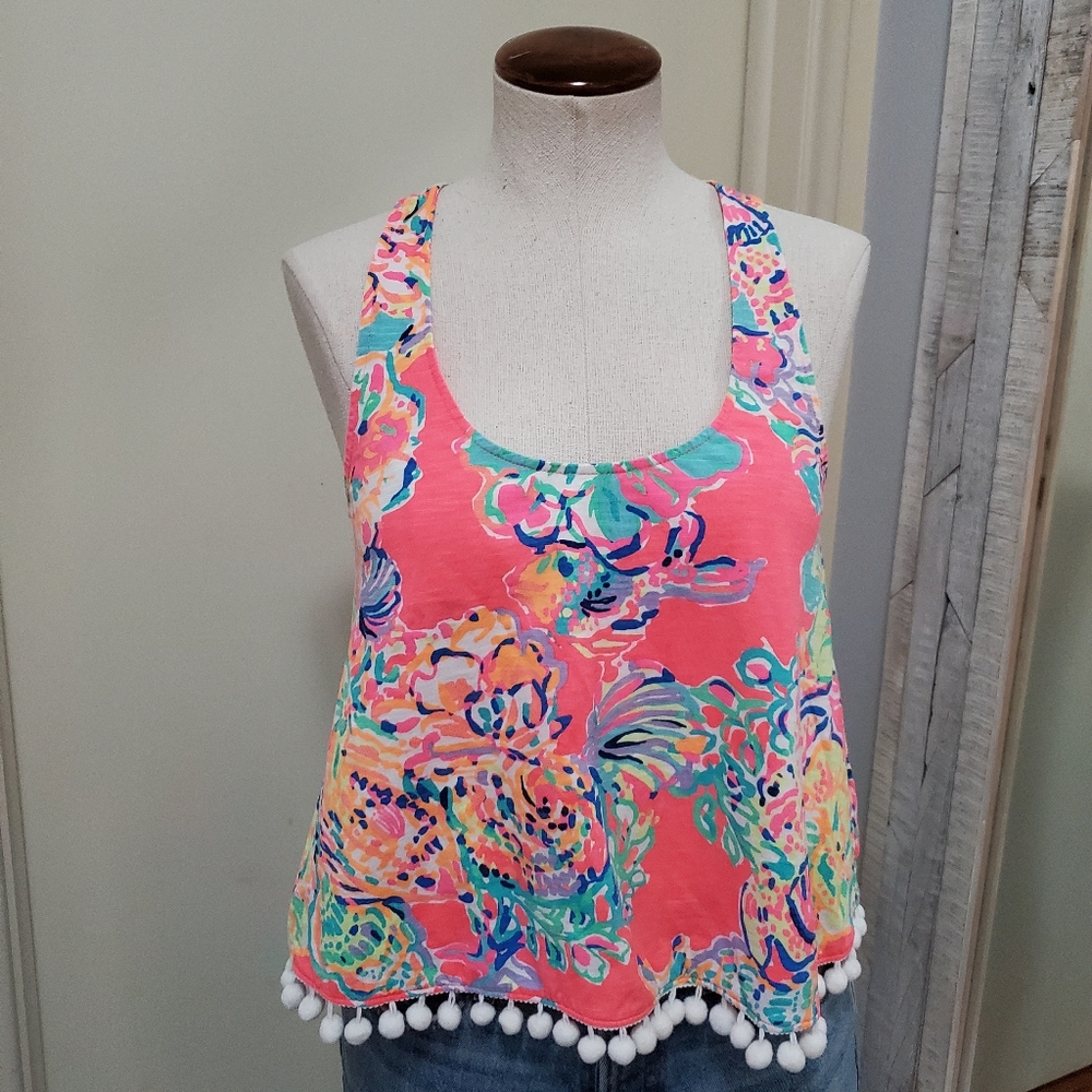 Lily Pulitzer Shirley Top Coral Reef Island Seacret Neon Pom Pom Trim Tank XS - Picture 1 of 10